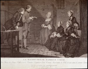 Affaire Calas : La malheureuse famille de Jean Calas (mort en 1762) : la mère, les deux filles, avec Jeanne Viguière, leur bonne servante, le fils et son ami, v.1762 - French School