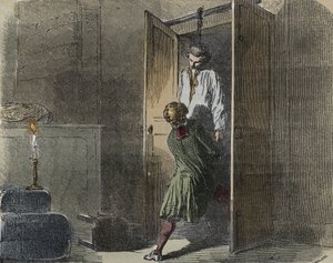 Affaire Calas : le 13 octobre 1761, Marc Antoine Calas est trouvé pendu dans la boutique familiale à Toulouse - Gravure dans « Causes célèbres de tous les peuples » par Armand Fouquier (1817-18?) 1858-1867 - collection privée - French School