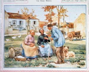 Calendrier des Postes et Télécommunications (PTT) représentant trois paysans discutant. XXe siècle - French School