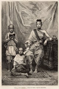 Femme cambodgienne et enfants, gravure d