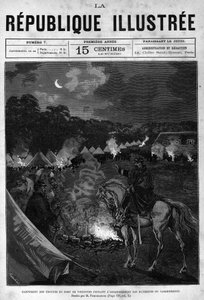 Camp des troupes du Fort de Vincennes lors du nettoyage des bâtiments de cantonnement. Un journal. Gravure de 1880 dans « La république illustrée » collection privée. - French School
