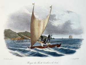 Canoë avec voile des îles Vanikoro, Îles Salomon, gravure en couleur du Voyage de découverte de l