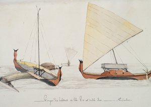 Canoës des habitants des îles Pis et Iros (îles Carolines), aquarelle par Jules-Louis Lejeune, du Voyage de Duperrey - French School
