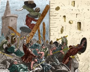Prise de Carcassonne lors de la croisade contre les Albigeois en août 1209. Gravure dans "Histoire De France En Cent Tableaux" par Paul Lehugeur - 1891 - French School