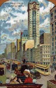 Circulation automobile à Broadway, rue principale de New York, chromolithographie du 19ème siècle - French School