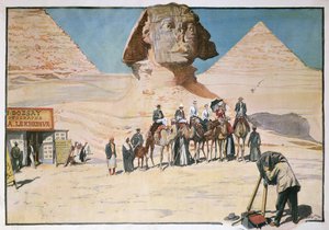 Caravane de touristes photographiée devant le Sphinx à Gizeh - French School