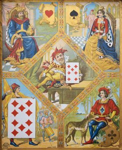 Jeu de cartes, assiette avec Roi de cœur, Reine de pique, Dix de carreau et Valet de trèfle, nain Lindoro avec Sept de carreau au centre, France - French School