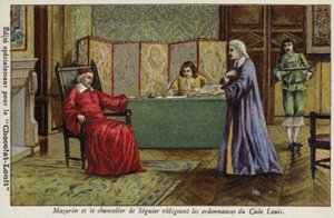 Le cardinal Mazarin et le chancelier Séguier rédigeant les ordonnances du Code Louis - French School