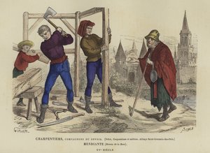Charpentiers et un mendiant, 15ème siècle - French School