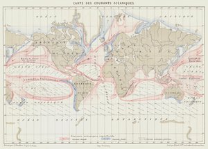 Carte des courants océaniques (lithographie en couleur) - French School