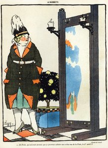 Caricature représentant une dame allemande déçue de ne pas pouvoir acheter ses nouveaux vêtements à Paris dans la rue de la Paix, de l