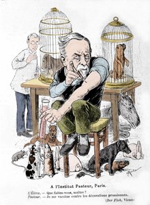 Représentation caricaturale du scientifique Louis Pasteur, inventeur du vaccin contre la rage, se vaccinant contre les décorations prussiennes. Publiée dans 