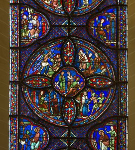Cathédrale de Chartres, vitrail : vie de saint Antoine et saint Paul, ermites, détail (centre) - French School