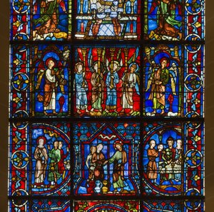 Cathédrale de Chartres, vitrail : Notre-Dame de la Belle Verrière avec en dessous la vie publique du Christ, détail (centre) - French School