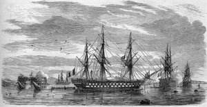 Fête catholique : Vendredi Saint à Toulon (Var, 83) en 1858. Les navires ont leurs mâts en croix et leurs drapeaux en berne en signe de deuil. Gravure dans « Le Monde Illustré » n°53 du 17 avril 1858. - French School