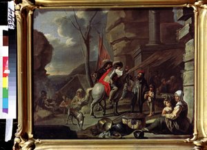 Cavaliers arrivant à une auberge sur la route - French School