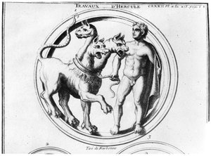 Cerbère dompté par Hercule