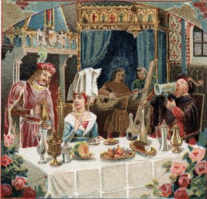Chambellan Jehan de Saintre servant une boisson à la Dame de Belles Cousines lors d