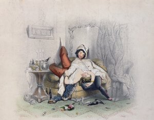 Champagne et amour, un couple amoureux endormi après leur sixième bouteille de champagne, gravé par Bettannier Frères, Paris, 1852 - French School