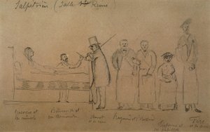 Charcot dessiné par un de ses élèves. De gauche à droite : patiente Geneviève en camisole, Docteur Désiré Magloire Bourneville avec un thermomètre, Jean Martin Charcot, Raymond et Brissaud, Me Tirperme et Charles Féré. Salle Sainte-Reine, Hôpital de la Sal