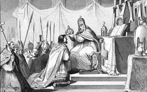 Charlemagne (742-814) couronné par le pape Léon III (vers 750-816) à Saint-Pierre de Rome le 25 décembre 800, de 