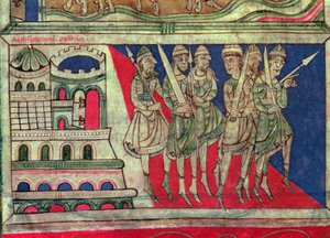 Charlemagne quittant Aix-la-Chapelle pour se rendre à Saint-Jacques-de-Compostelle, miniature du 
