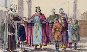 Charlemagne visitant une école (lithographie couleur) - French School