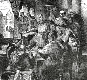 Charlemagne avec les élèves et les enseignants de son école palatine à Aix-la-Chapelle, vers 1890 - French School