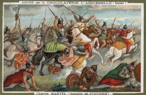 Charles Martel arrête les musulmans à la bataille de Poitiers en 732. Chromolithographie du XIXe siècle.