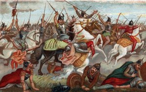 Charles Martel arrêtant les musulmans à la bataille de Poitiers en 732. Chromolithographie du 19ème siècle.