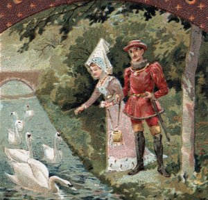 Charles VII (1403-1461) avec sa favorite, Agnès Sorel (dite la Dame de Beauté-sur-Marne) (1422-1450) nourrissant des cygnes dans le parc du château de Savigny-sur-Orge. Chromolithographie de la fin du XIXe siècle - French School
