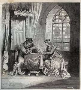 Charles VI (1380-1422) et Odette de Champdivers - Le roi Charles VI de France, connu sous le nom de Charles le Bien-Aimé, puis Charles le Fol (1368-1422) avec sa maîtresse Odinette (Odette) de Champdivers (vers 1390-vers 1425) jouant aux cartes gravure de  - French School