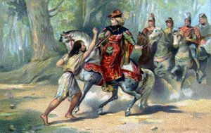 Charles VI en proie à la folie dans la forêt du Mans. Chromolithographie de la fin du XIXe siècle - French School