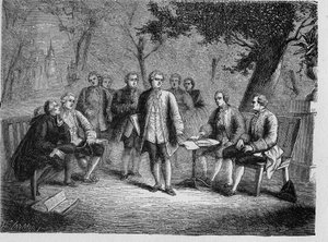 Charles de Secondat Montesquieu avec le cénacle scientifique au château de Clairac, France - Le cénacle scientifique du château de Clairac : Montesquieu et le baron de Secondat, son fils, le chevalier de Vivens, Romas et les frères Dutilh - dans « Album de - French School