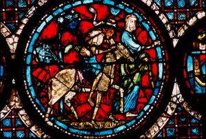 Cathédrale de Chartres, vitrail représentant le vitrail circulaire du Bon Samaritain - French School