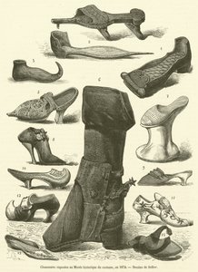 Chaussures exposées au Musée historique du costume, en 1874 - French School