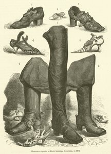 Chaussures exposées au Musée historique du costume, en 1874 - French School