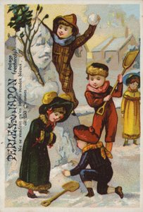 Enfants construisant un bonhomme de neige, Perles Du Japon - French School