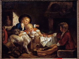 Enfants : trois jeunes enfants et deux chiens dans une grange