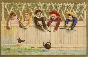 Enfants pêchant avec une chaussure et une bouilloire