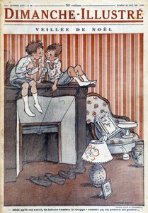 Enfants assis sur la cheminée, tendant un piège au Père Noël, pour le journal de Noël 1930 "Le Dimanche illustré" (gravure) - French School