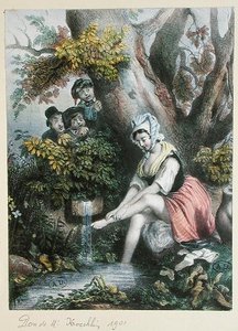 Enfants espionnant une jeune fille lavant ses pieds dans un ruisseau, vers 1840 - French School