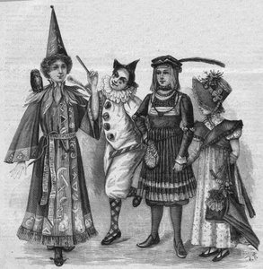 Vêtements pour enfants : costumes de sorcière, clown, page et "Empire". Gravure dans "La gazette du dimanche" du 23 janvier 1896. - French School