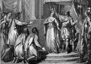 Chilpéric Ier (ca. 539-584), roi de Neustrie, couronnant son épouse, Frédégonde (545-597), reine du royaume, en 568. Gravure du XVIIIe siècle. - French School