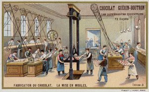 Fabrication du chocolat. Mise en moules du chocolat - French School