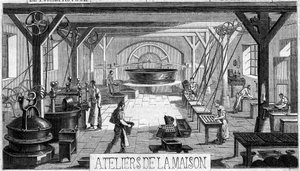 Fabrication du chocolat : vue intérieure des ateliers de M. Masson, Paris - French School