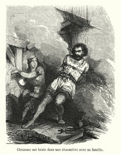 Chramme est brûlé dans une chaumière avec sa famille (gravure) - French School
