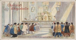 Chrétiens adorant dans la chapelle épiscopale de Pékin (chromolithographie) - French School