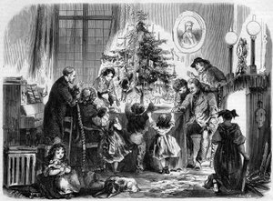 Fête de Noël en Alsace : une famille réunie autour du sapin de Noël. Gravure dans "Le Monde Illustré" n°38 du 2 janvier - French School