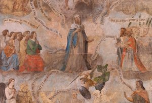 Église Saint-Jean-Baptiste. Intérieur. Chapelle Saint-Fursy. Peintures murales. La glorification de Marie (fresque dite de la bonne mort). Début 17ème siècle. - French School